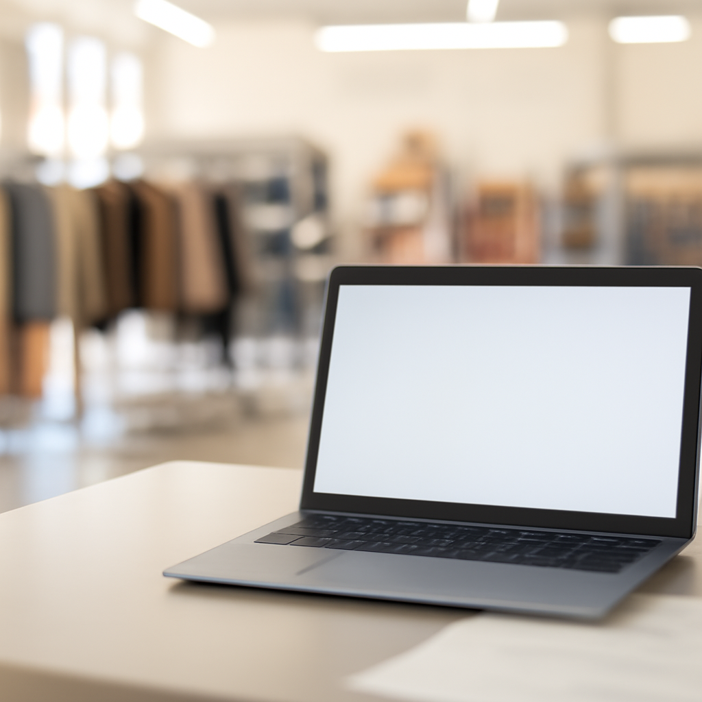 Retail store setting with laptop and papers on counter, shelves and clothing racks in background.