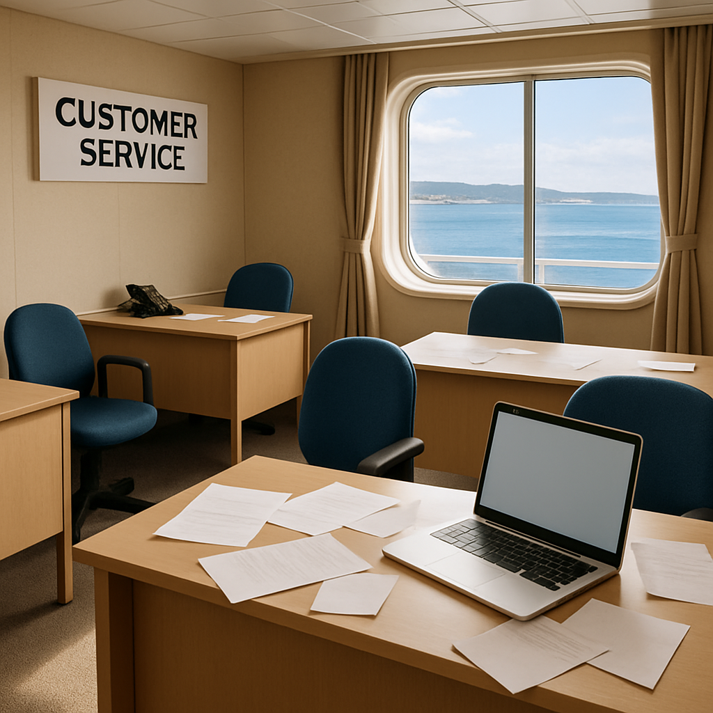Cruise ship customer service area with desks, chairs, and a large window overlooking a calm sea.