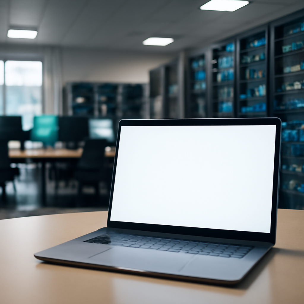 A laptop sits alone on a table in front of a blurred background of computer workstations and servers.