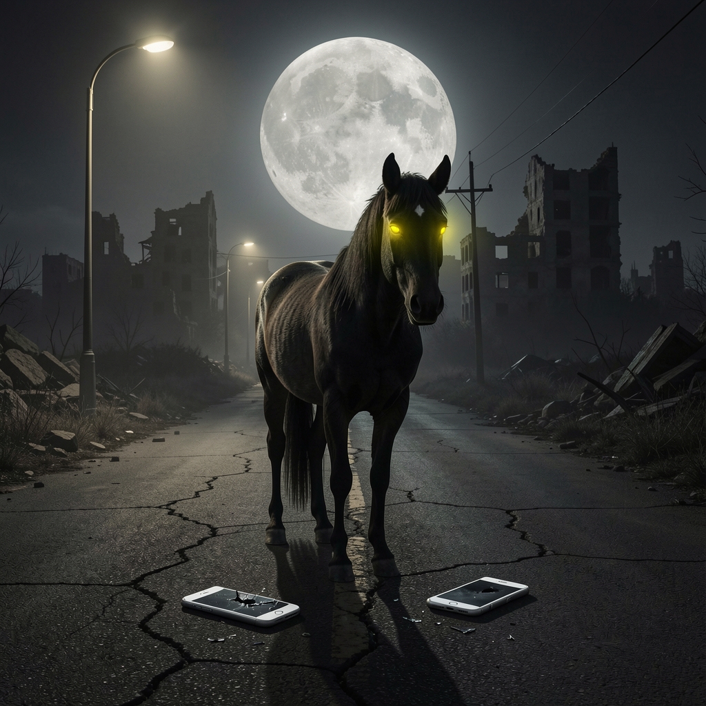 Lone horse stands on cracked asphalt road under distant streetlight, with crumbling cityscape and full moon in background.