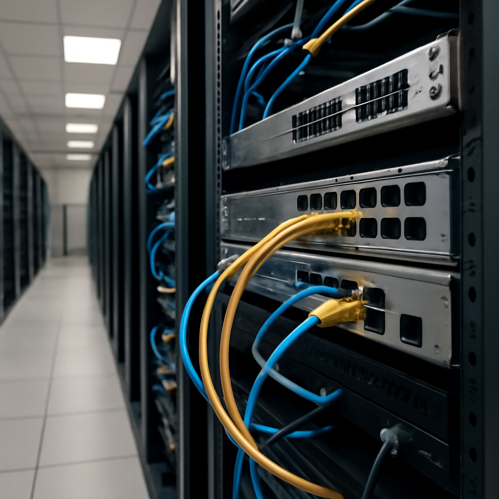Rows of network equipment and servers in a data center with a spotlight on a vulnerable CDN setup.
