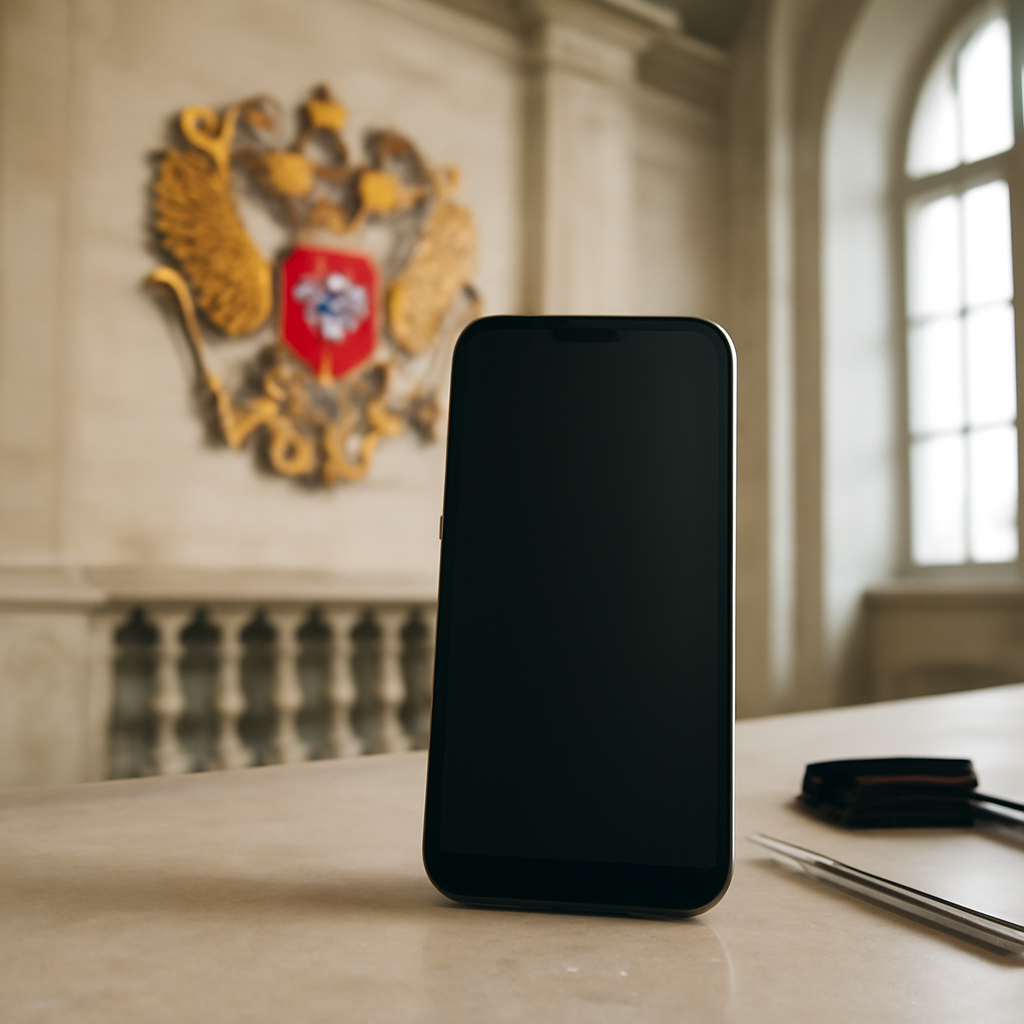 Smartphone on a plain surface in a Russian government building with a blurred historic background and forensic tools nearby.