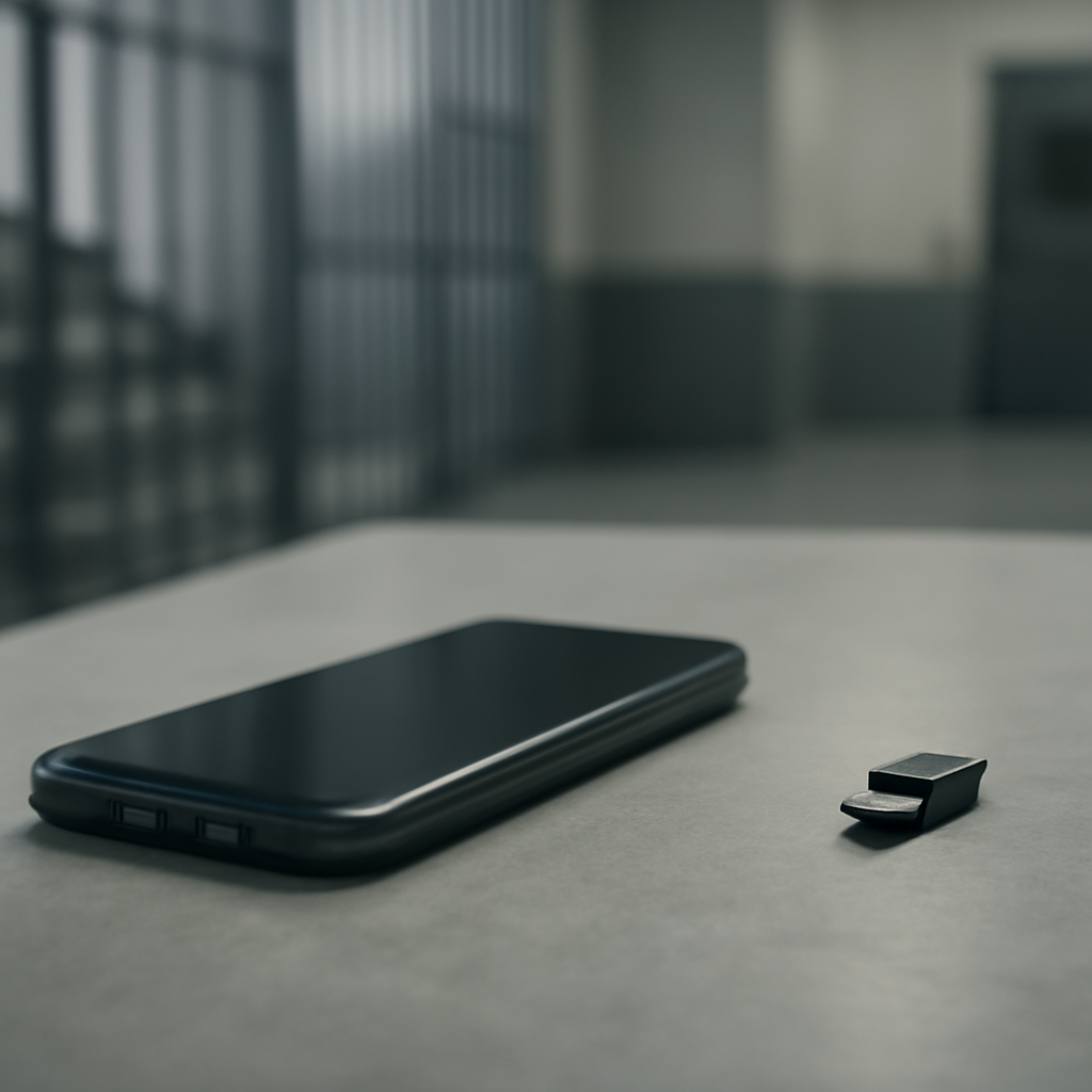 Smartphone lies on a plain surface with a blurred background, screen off.