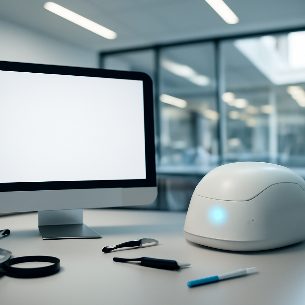 A futuristic device and technical instruments sit on a clean workbench in a bright laboratory setting.