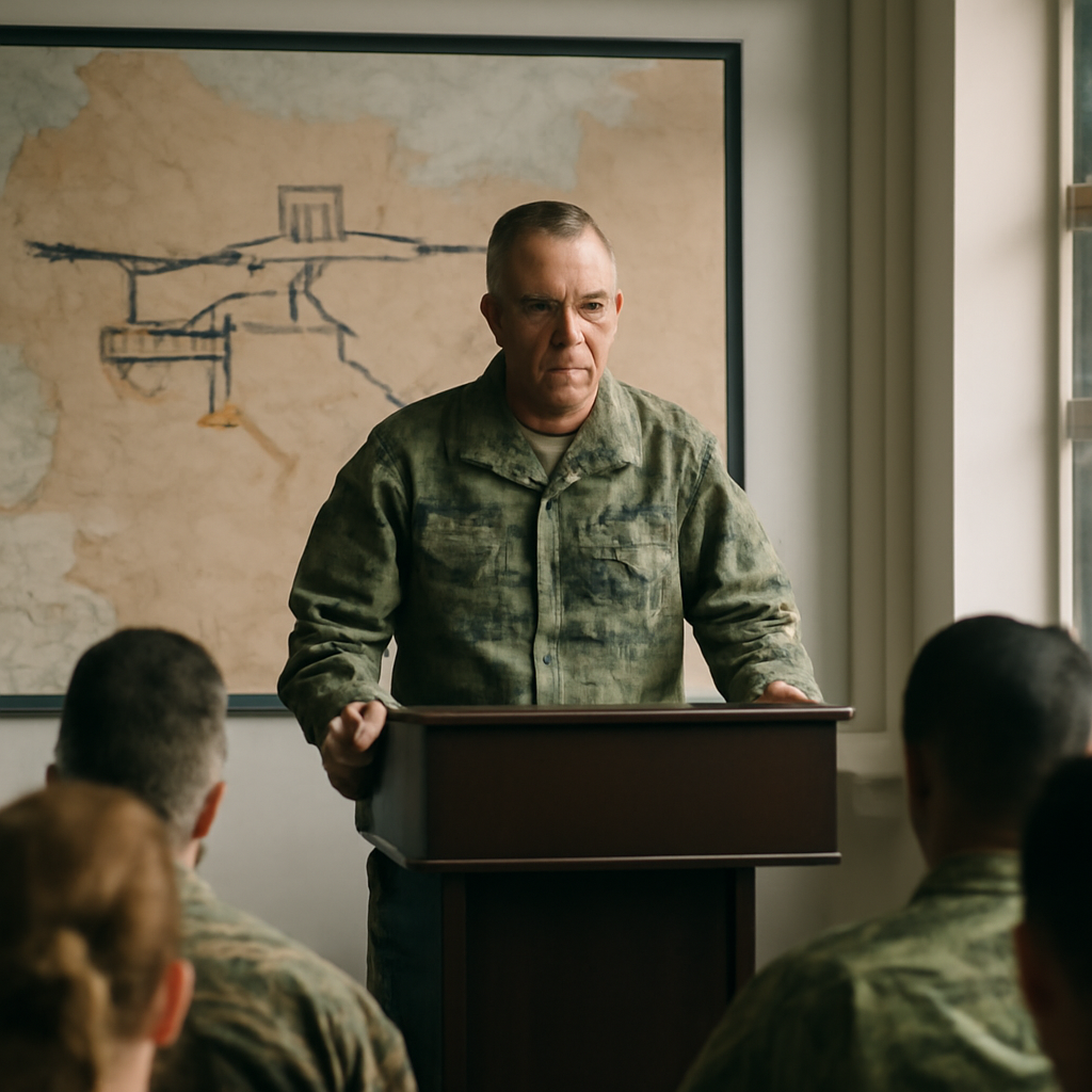 Military official briefs in a sunlit room with a desert map behind him.