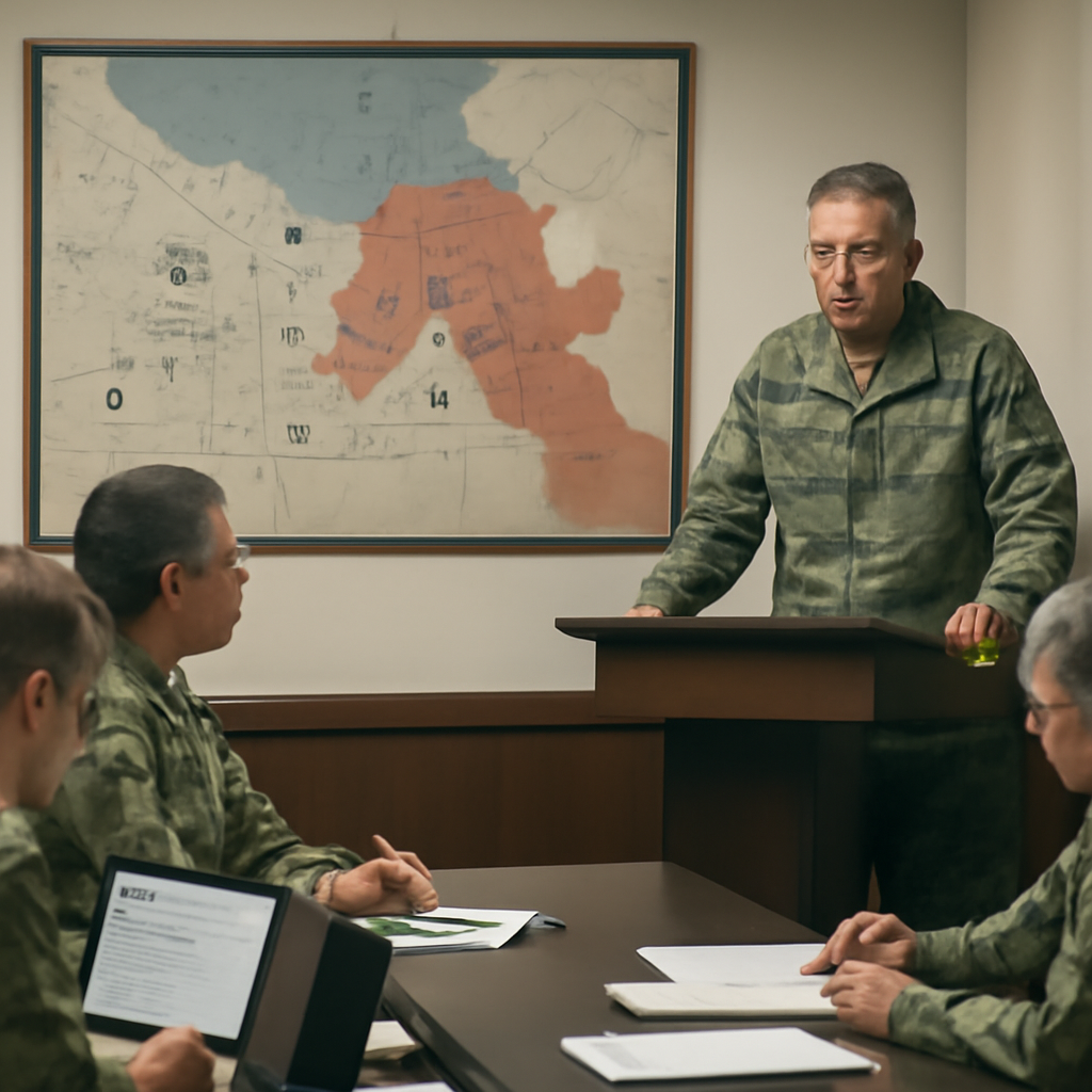 Military officers gather around a map of a conflict zone for a briefing.