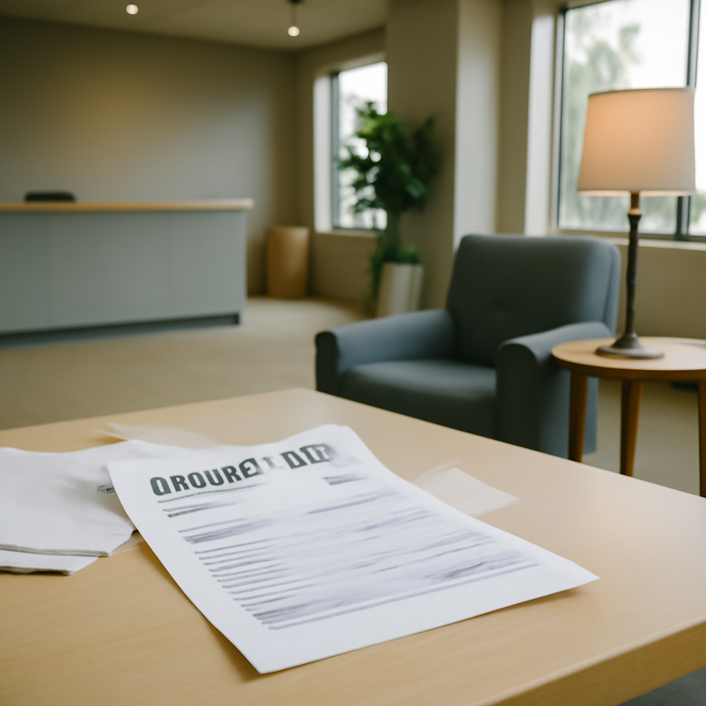 Utility company's office with papers on a table, including a customer's information sheet.