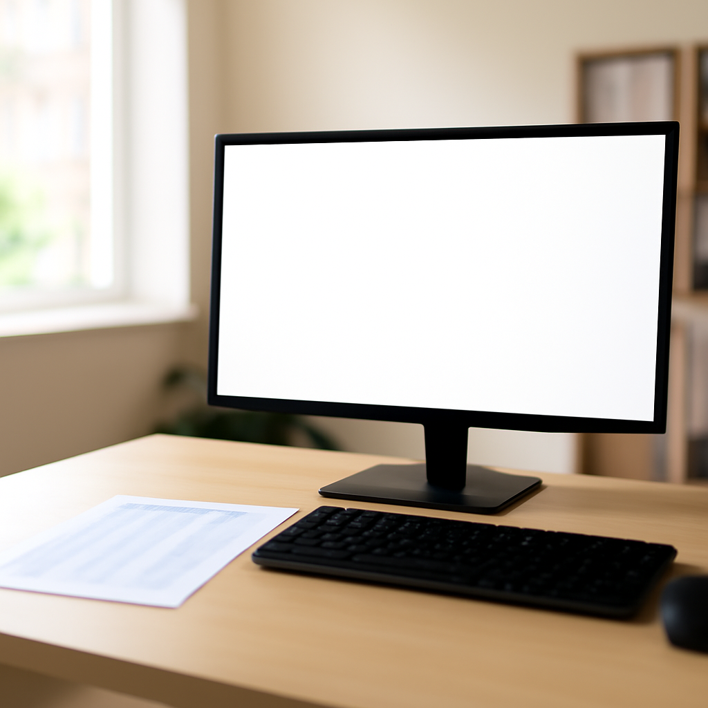 Office scene with computer and spreadsheet, natural light through window.