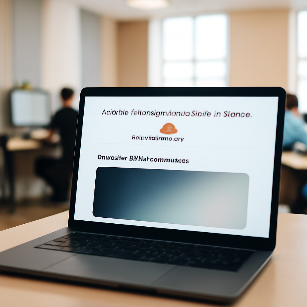 Blurred office screens surround a laptop with a fake Cloudflare verification page.