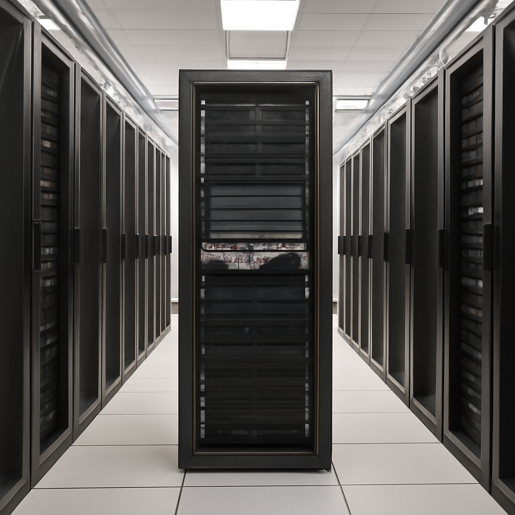 Rows of computer servers in a data center, with one server highlighted in the center.