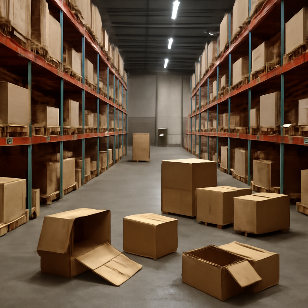Warehouse interior with disorganized crates and boxes on shelving and pallets.
