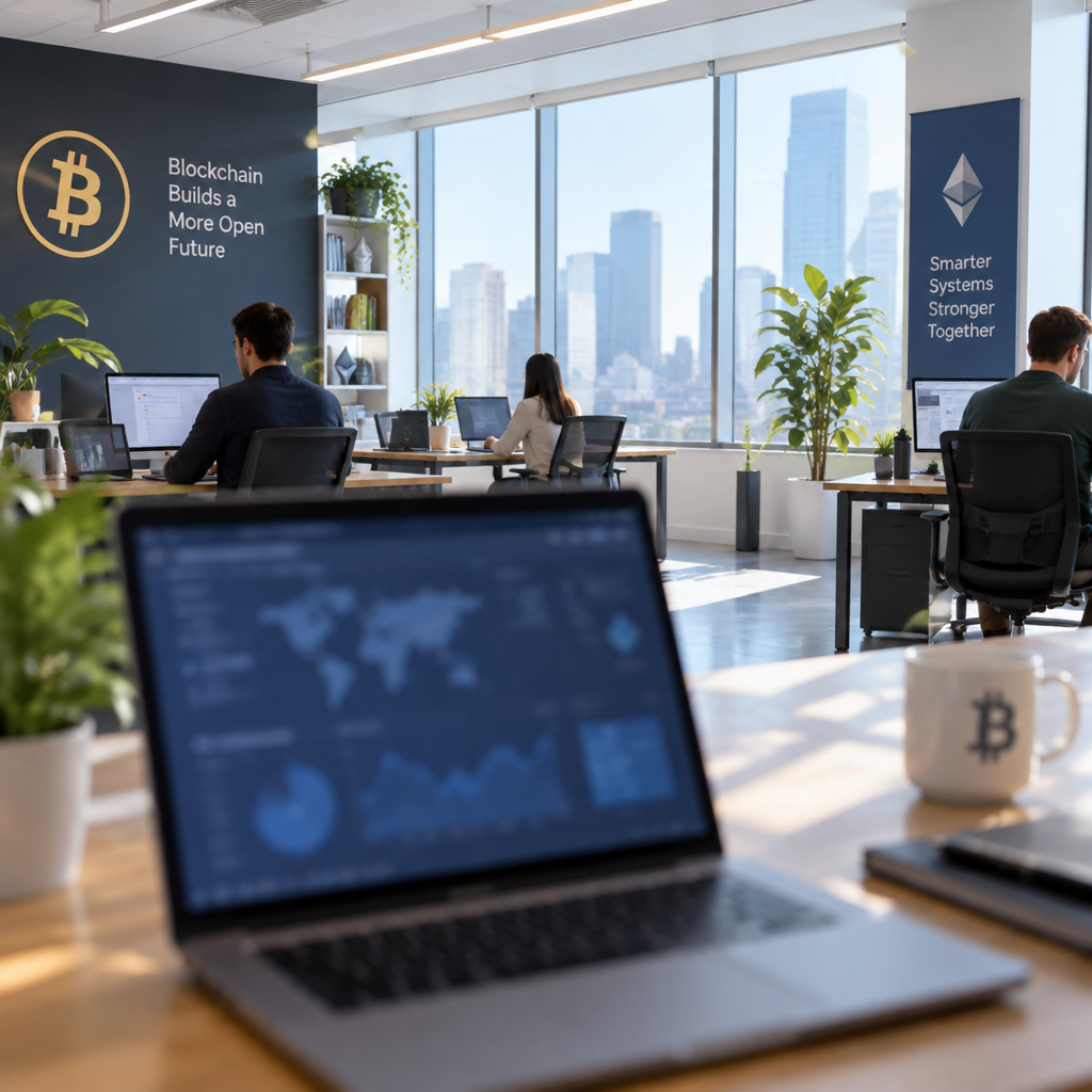 Cryptocurrency office with employees in background, blurred screen in foreground.