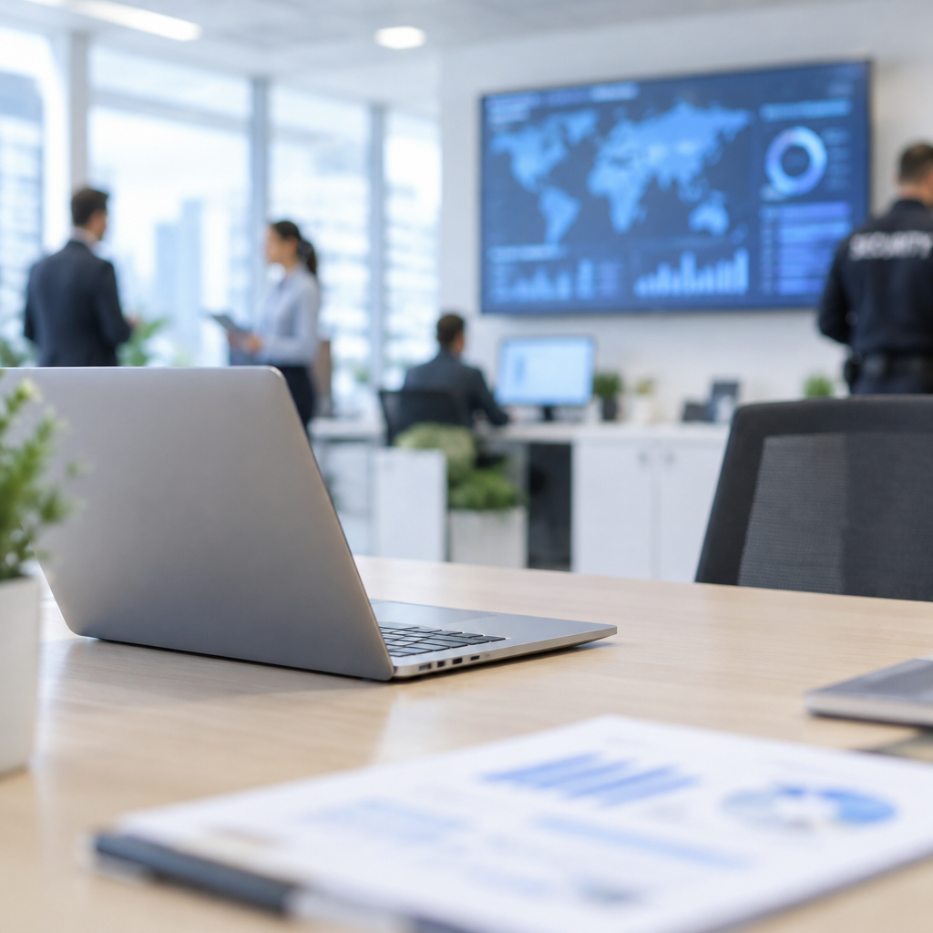 Modern office setting with blurred data visualization on a wall-mounted display and personnel in the distance.