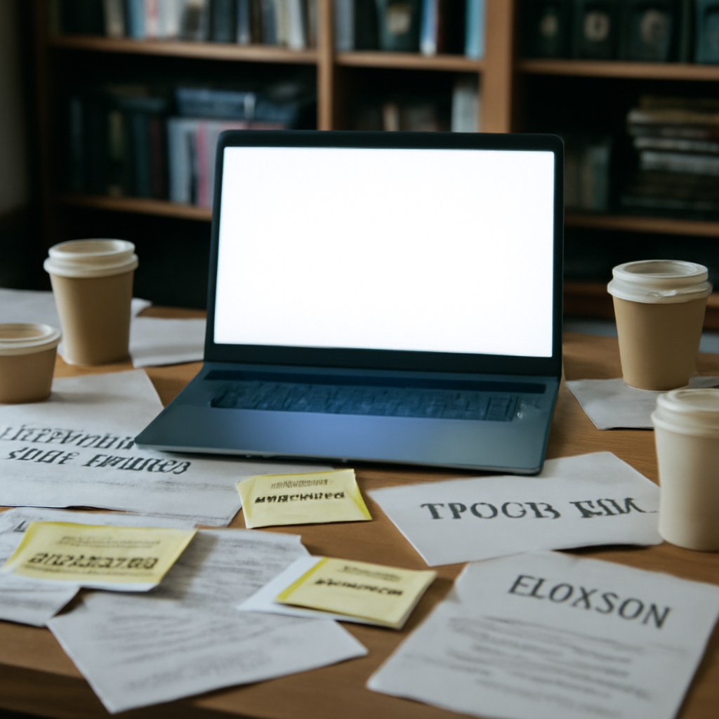 Software development workspace with laptop, papers, and coffee cups, surrounded by technical books and equipment.