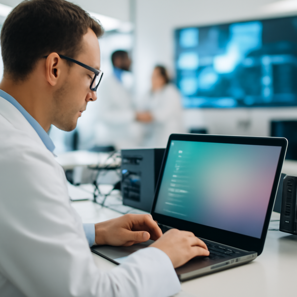 Developer works in secure lab with laptop displaying lines of code.