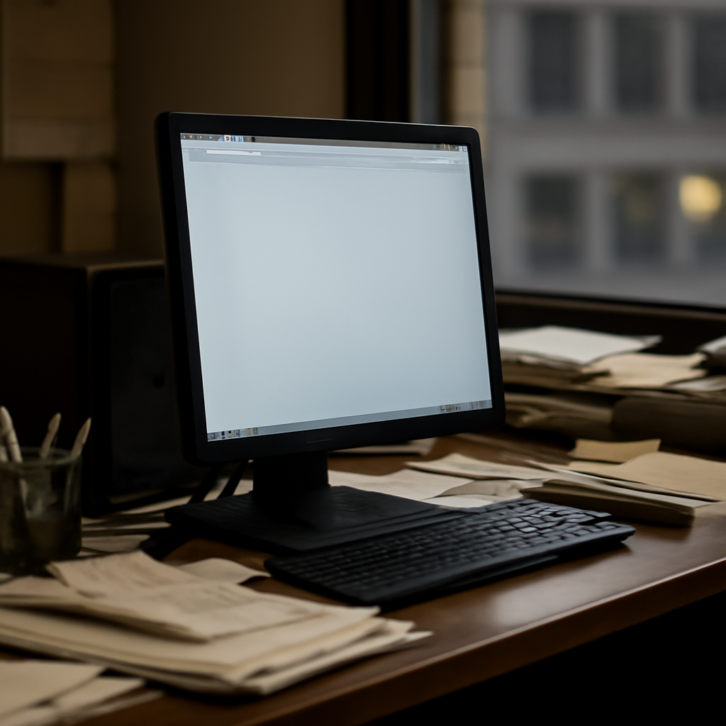 Windows host computer on a cluttered desk with an open, idle browser window.