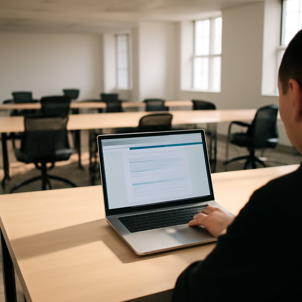 Person sits at desk with laptop, surrounded by empty office space, browser window open.