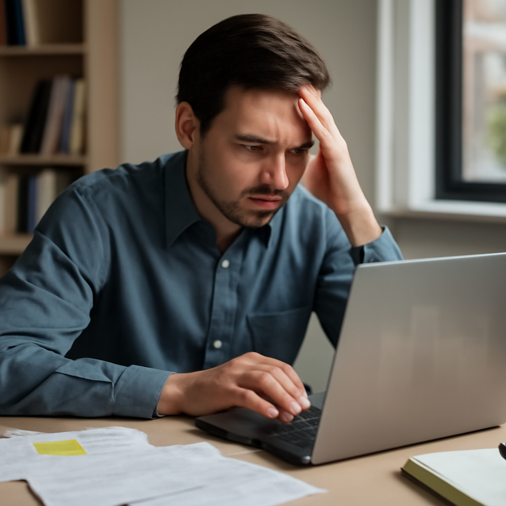Person sitting at desk, concerned, examining laptop with blurred screen, surrounded by papers and notes.