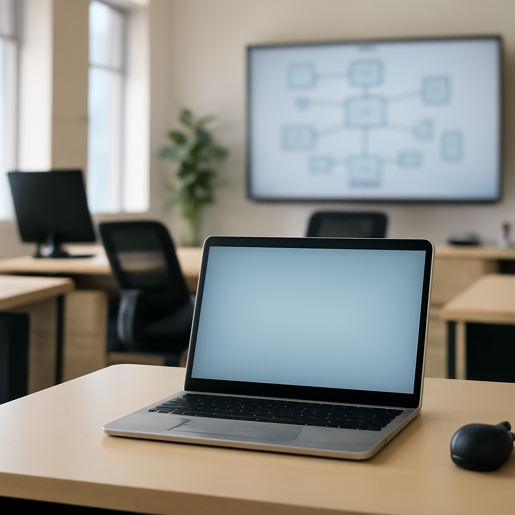 Laptop on office desk with blurred screen, surrounded by typical office furniture.