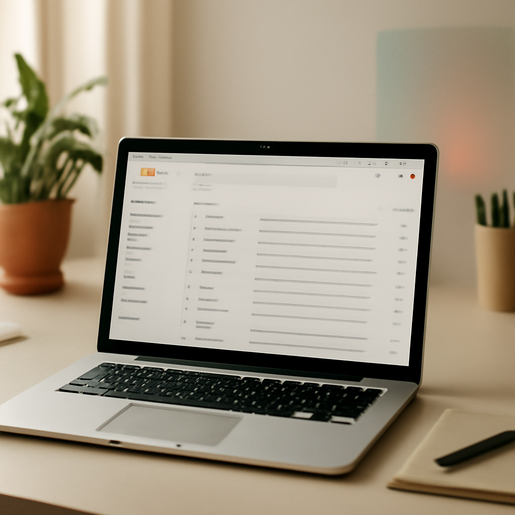 Laptop on a desk with a blurred Gmail inbox and a subtle hint of a hidden network connection in the background.