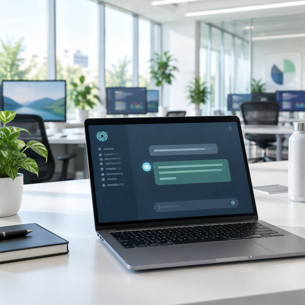 Laptop screen displays ChatGPT interface in modern office setting.