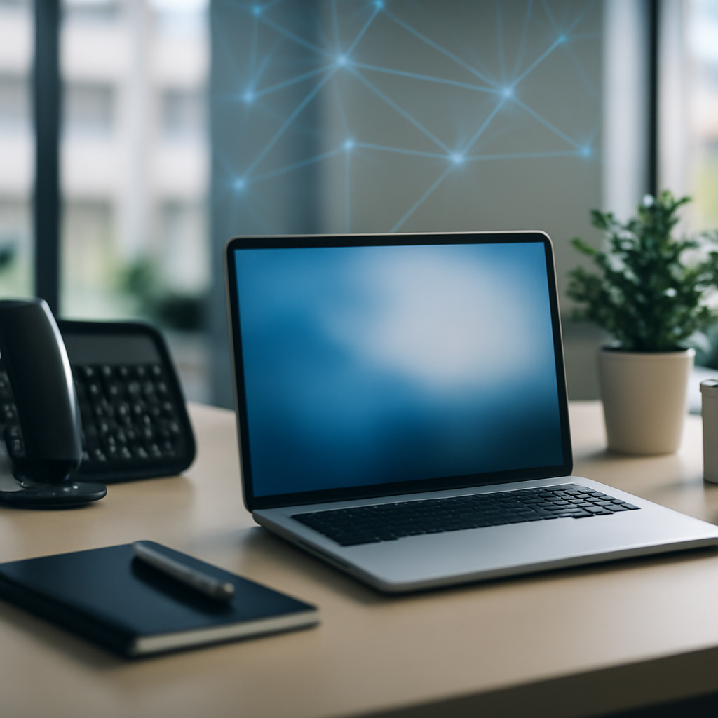 Corporate workspace with laptop and office equipment, hint of network connection.