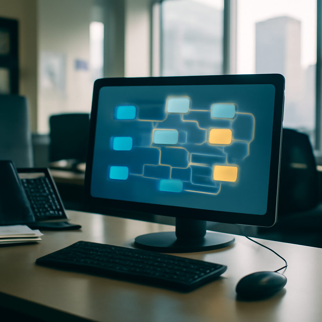Office computer workstation with network diagram on screen, cityscape in background.