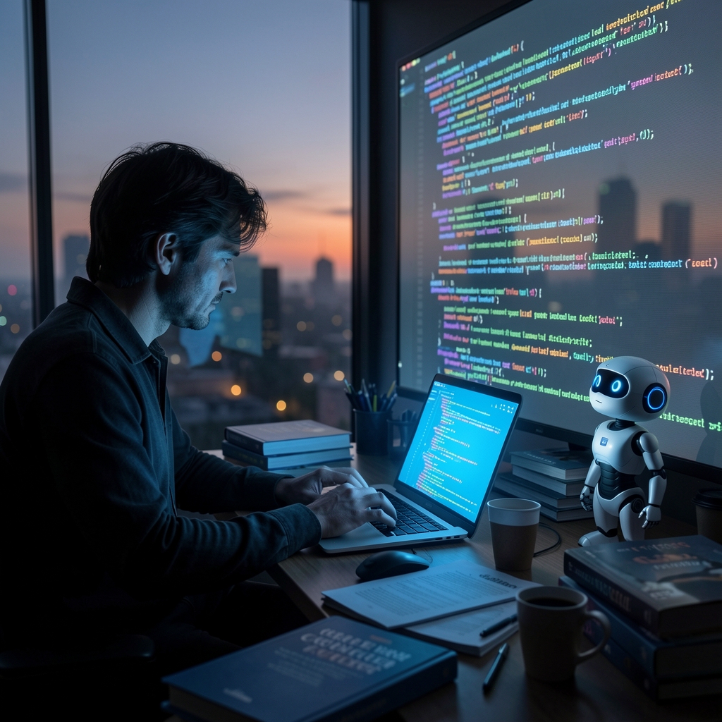 A lone coder sits at a cluttered desk, hands poised over keyboard, surrounded by coding manuals and empty coffee cups, with…