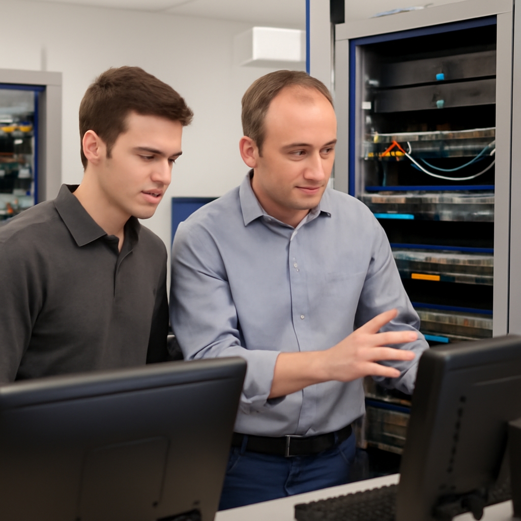 Generic technology environment with computer workstations and networking equipment.
