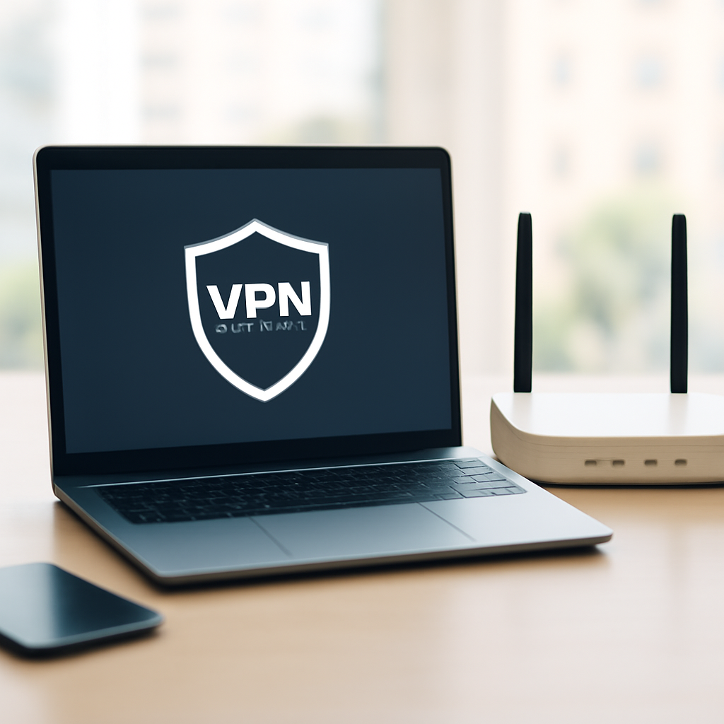 Remote access VPN setup with laptop and router in foreground and blurred office background.