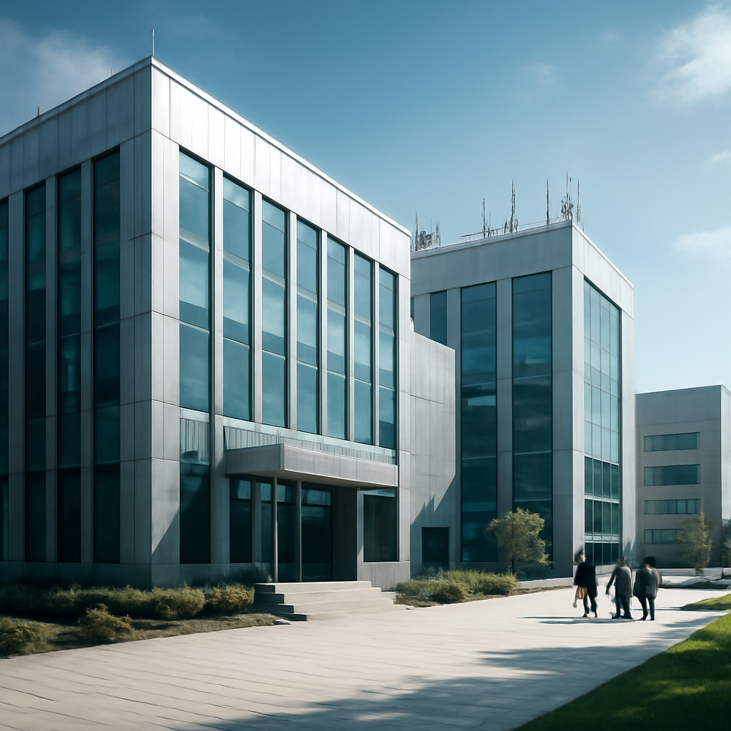 Modern technology company's headquarters with a security operations center in the background, surrounded by a cityscape.