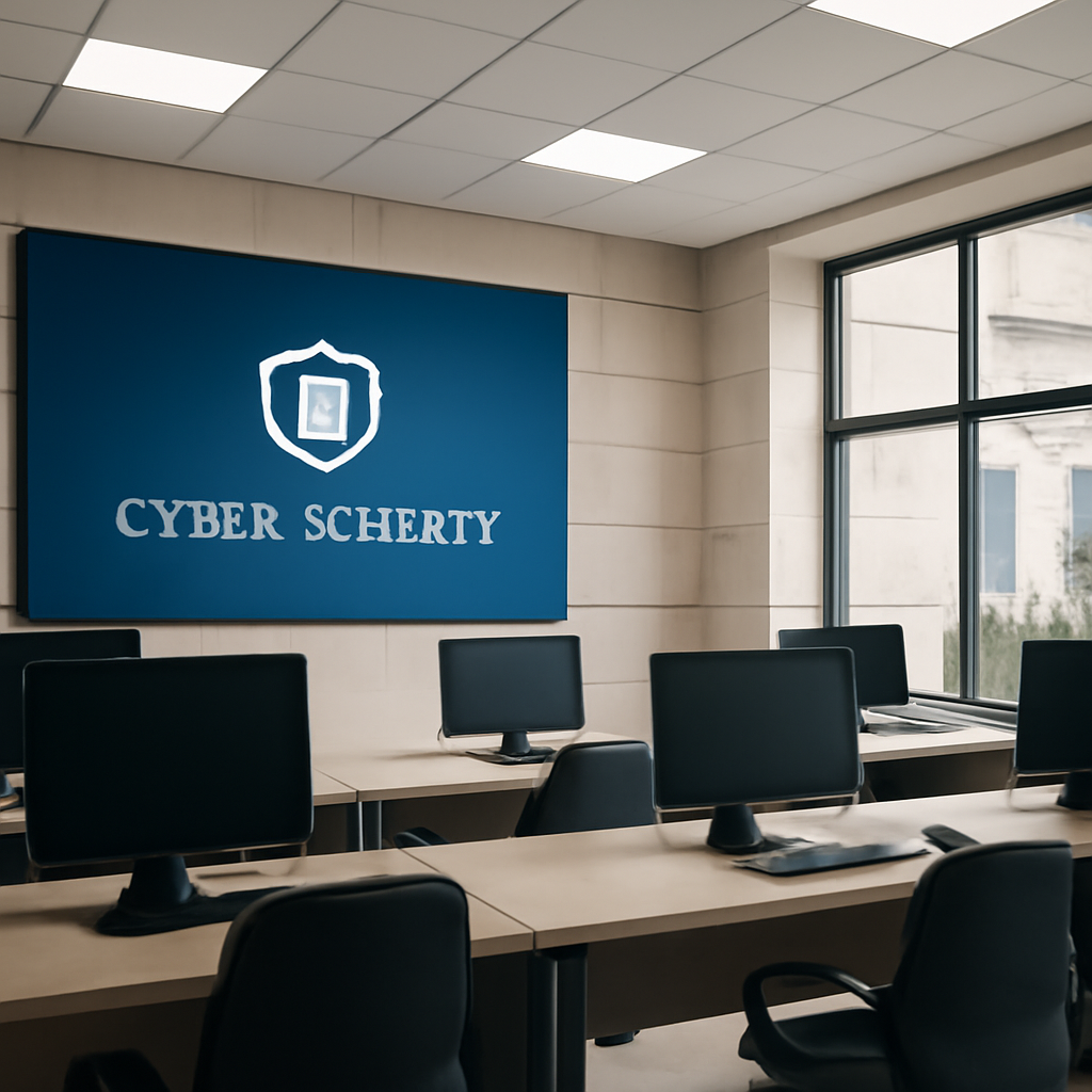 Empty cybersecurity operations room with computer workstations and large window.