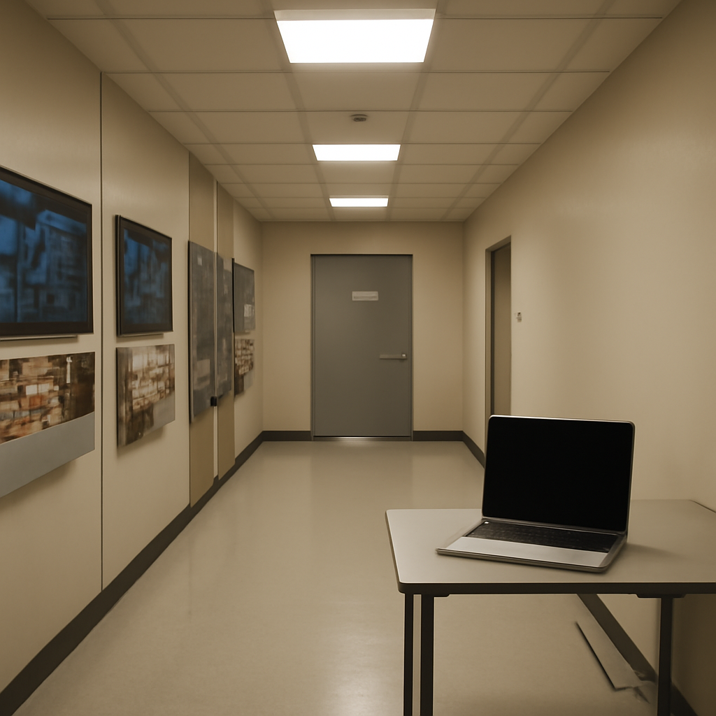 Network operations center with computer terminals, control panels, and an unoccupied workstation.
