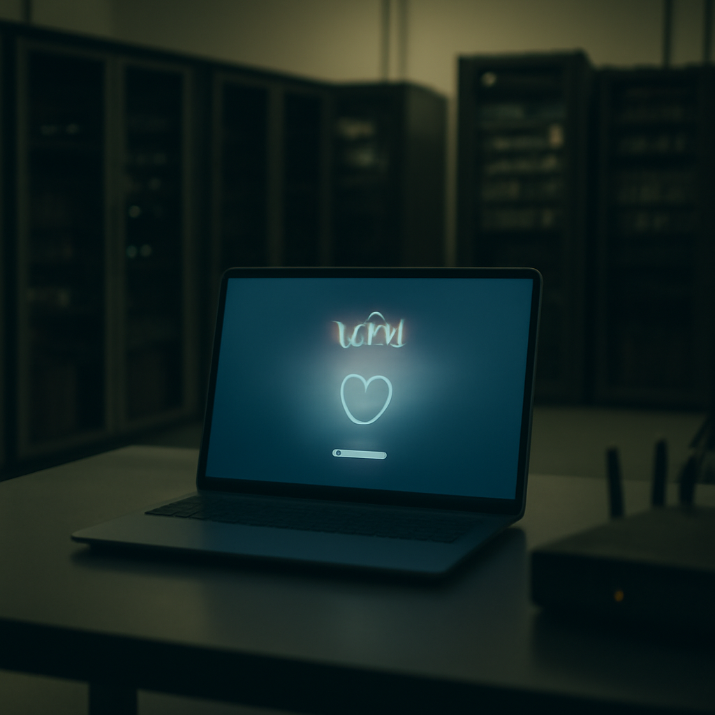 Dimly lit network operations center with a single laptop screen displaying a VPN connection interface.