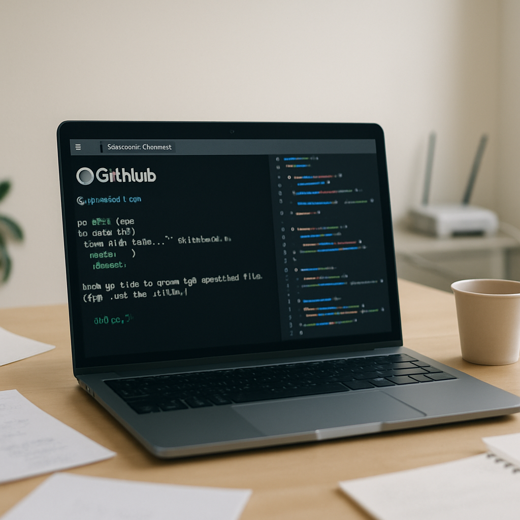 Developer workstation with code on screen in a clean, minimalist environment.