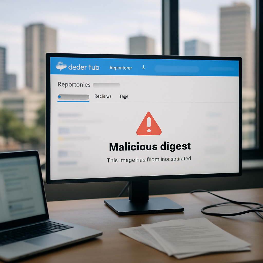 Docker Hub repository page on a developer's workstation screen shows a manipulated image warning.