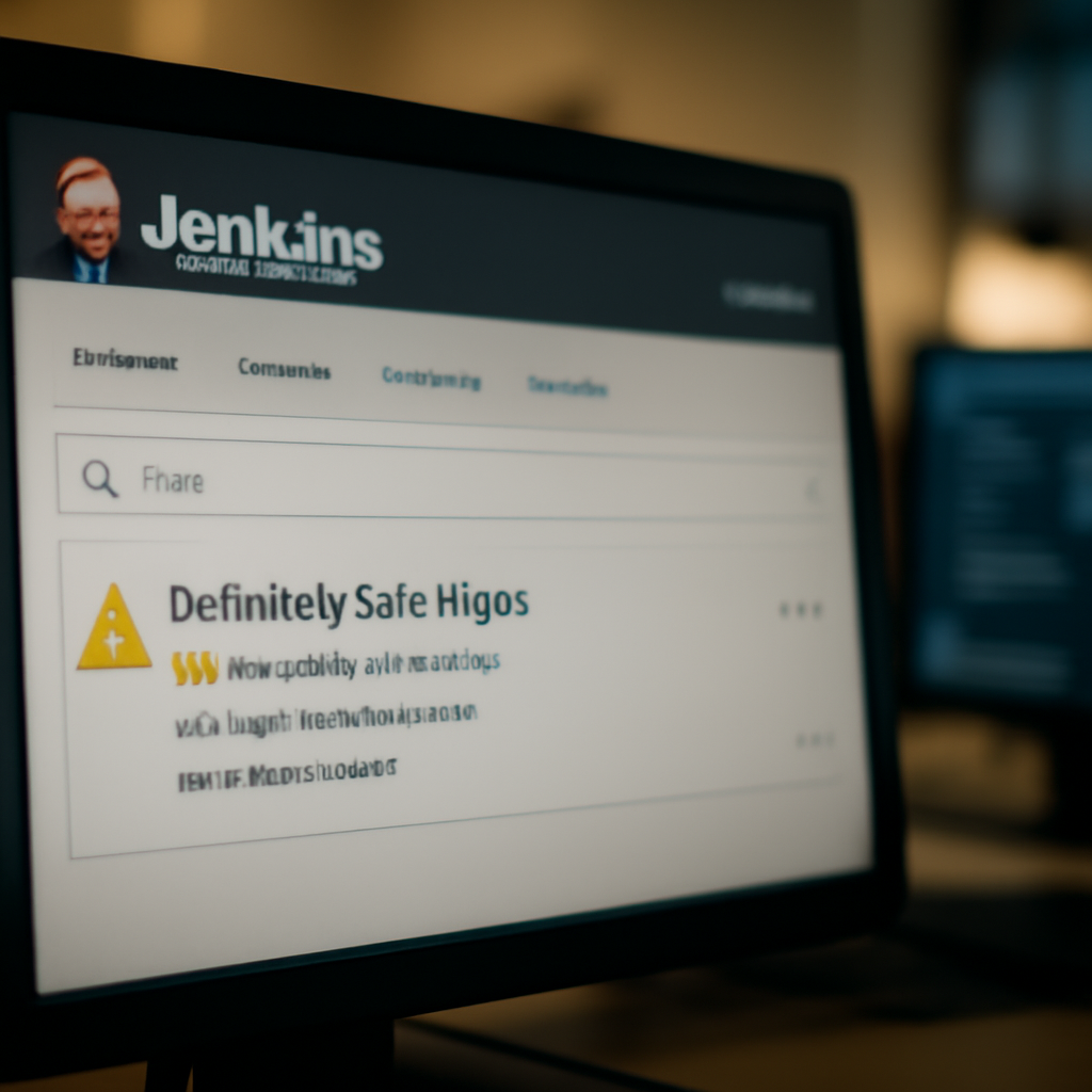 Jenkins plugin page on a computer screen shows a warning message with a blurred software development workspace background.