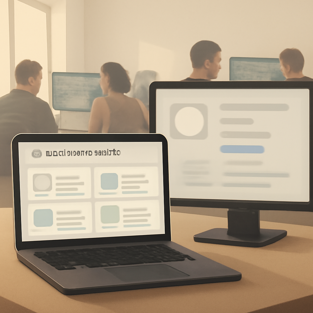 Software development team works at a continuous-integration workstation with laptop and monitor displaying a plugin…