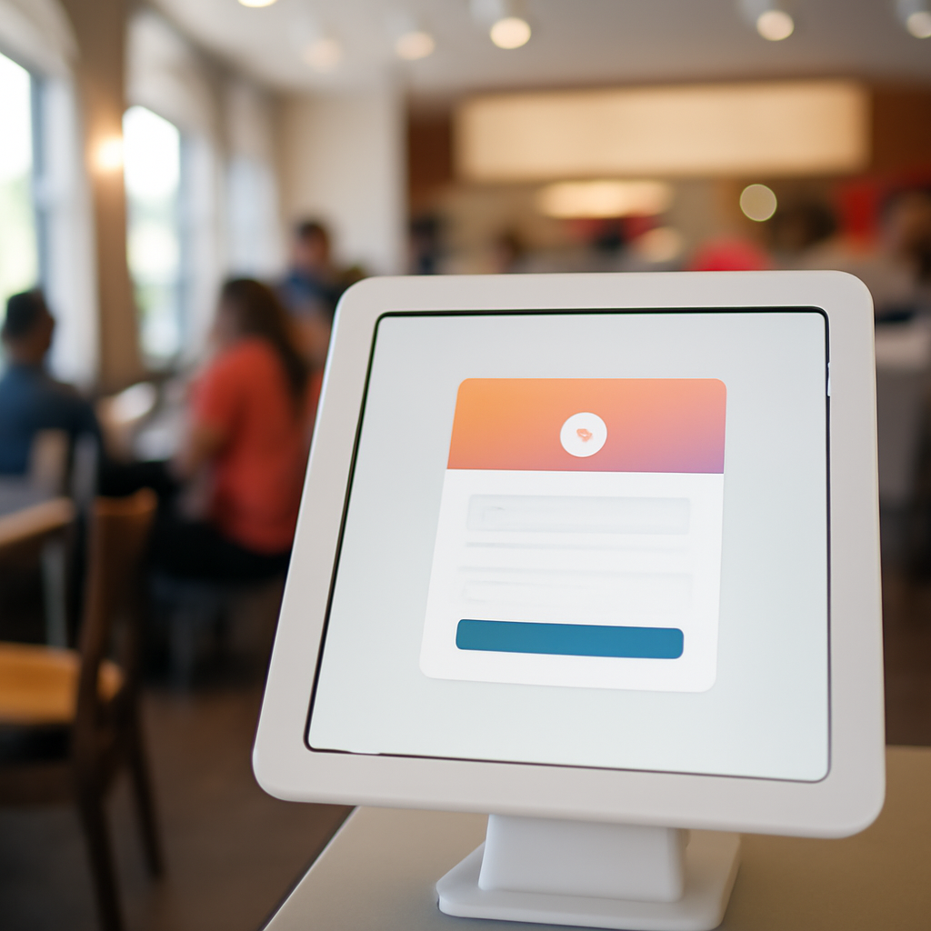 Chick-fil-A restaurant interior with a tablet login screen in the foreground.