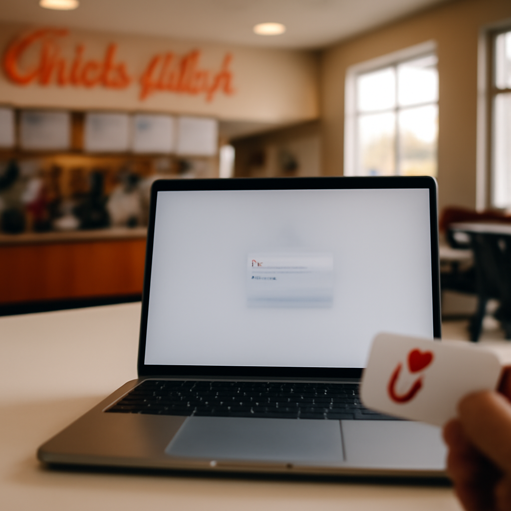 Blurred login page on a mobile device in a brightly-lit Chick-fil-A restaurant setting.