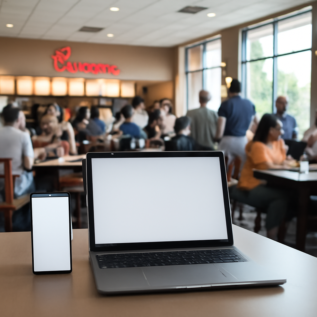 Busy Chick-fil-A restaurant with customers, phone and laptop on table.