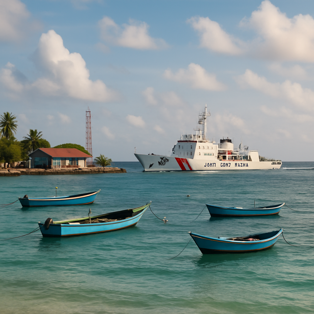Chinese Coast Guard vessel near Pacific island port with local fishing boats.