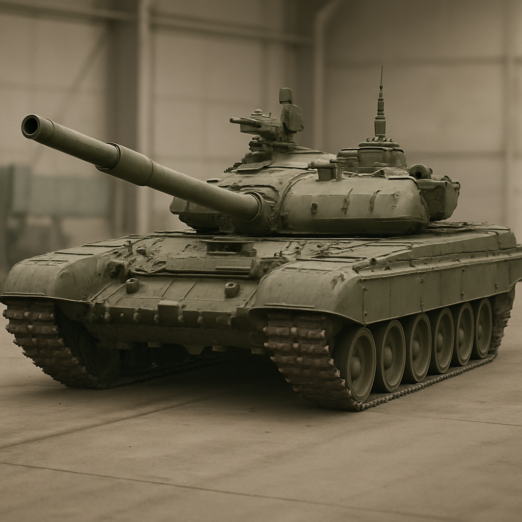 Soviet T-72 tank centered in a neutral-colored military storage or testing facility.