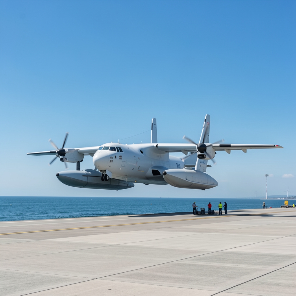 Large amphibious aircraft with pontoons and distinctive wings on a runway or water against a clear blue sky.
