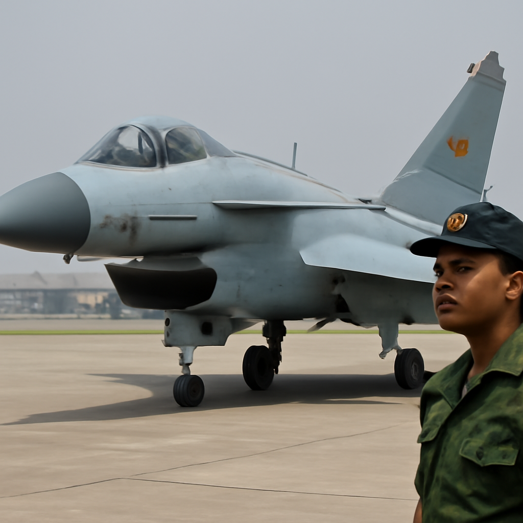 Chinese J-10 fighter jet on a runway with a Bangladeshi Air Force personnel in the background.