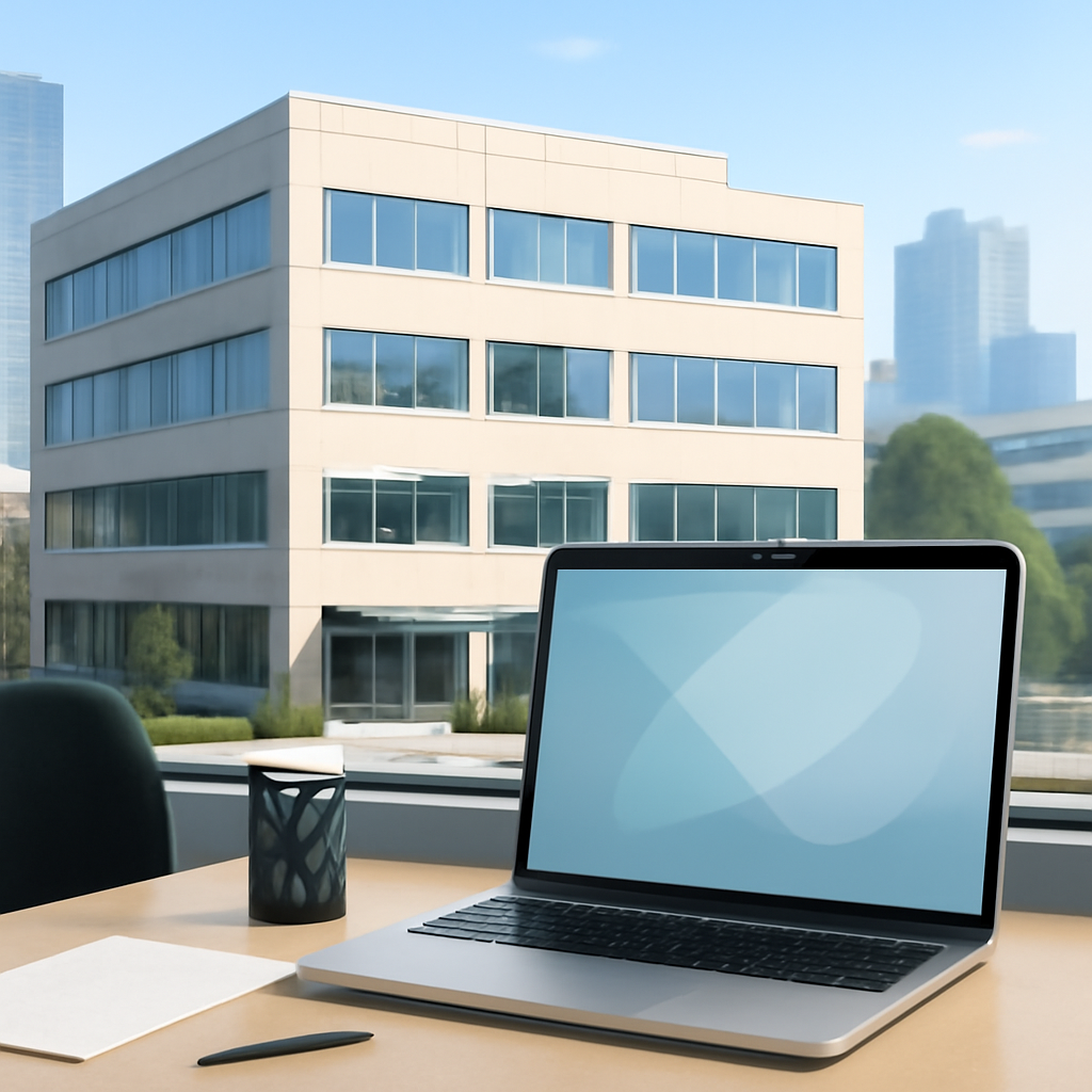 Modern office setting with a computer on a neutral surface.