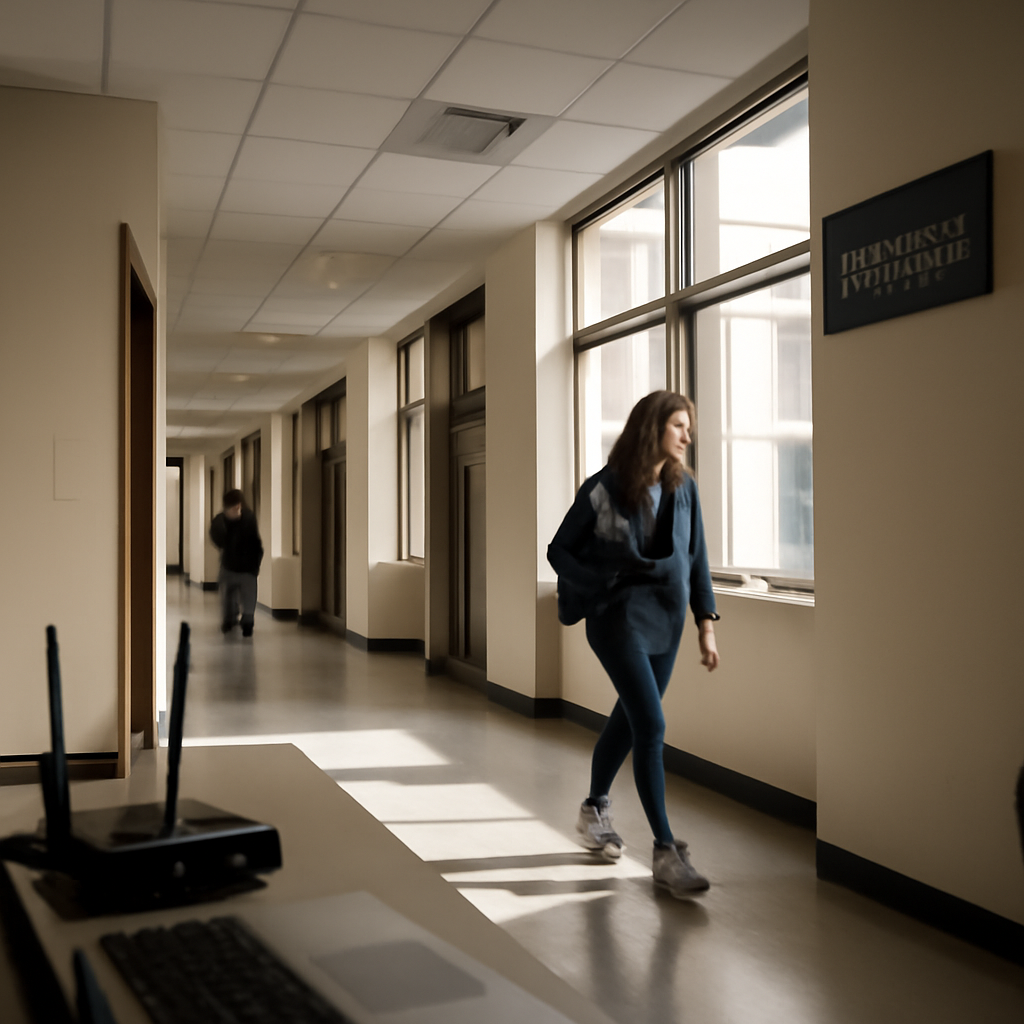 Modern university hallway with offices and classrooms, natural daylight from large windows.