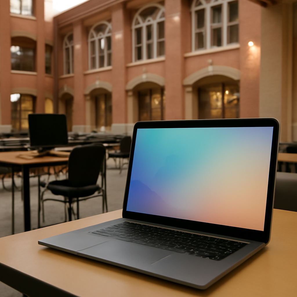 University computer lab with laptops and ordinary lighting.