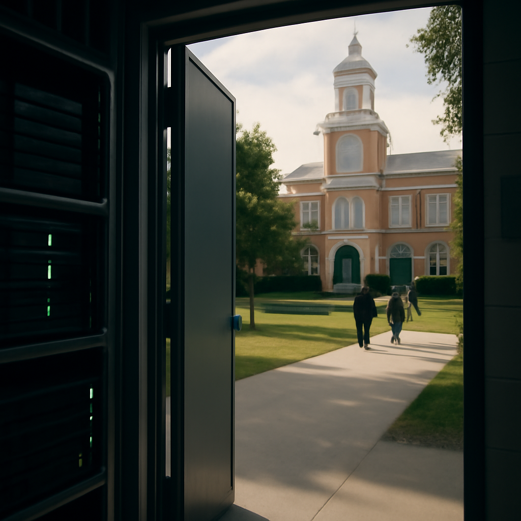 University campus scene with a building and clock tower, hint of computer equipment in foreground.