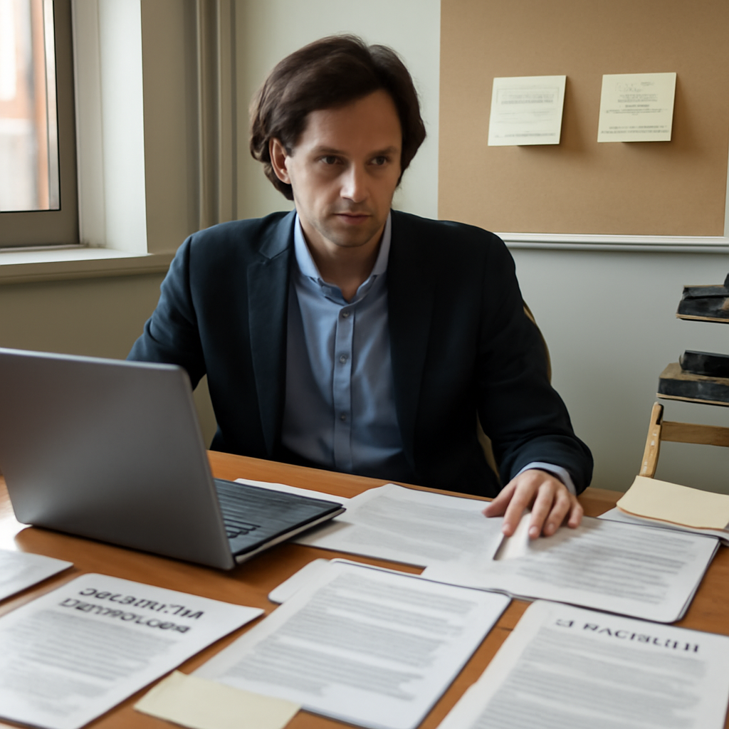 Person working at desk with AI policy materials and open laptop.